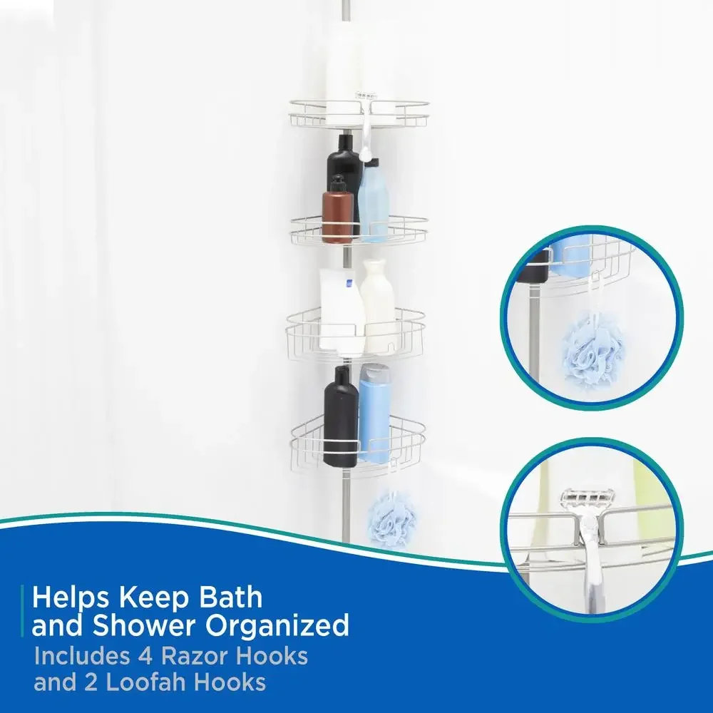 4-Tier Adjustable Corner Shower Caddy with Razor Holder Rust-Resistant Metal Wire Baskets Fits 5-9ft Ceilings Easy Install Satin