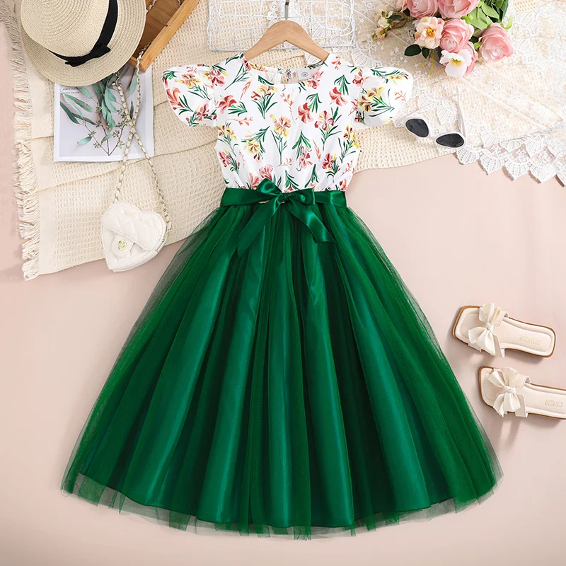 Summer Dress For 8-12 Years Grils Kids White Print Fly Sleeve Green Knee-Length Tulle Dress Casual Style Beach Holiday Clothes 1