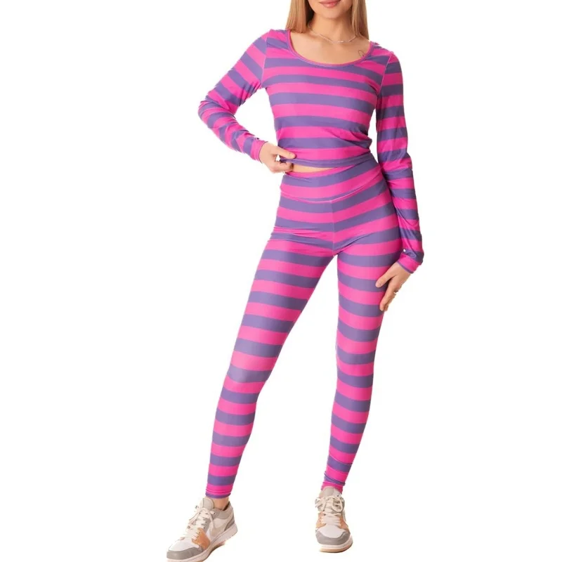 Costume di Halloween Set di abbigliamento per la casa a righe viola Gatto del Cheshire Gioco di ruolo con zampa carina Set di costumi per feste di carnevale per adulti - immagine 2