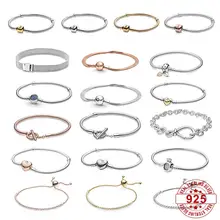 

Fits Pandora Moments 925 Sterling Silver Bracelet Snake Chain Heart T-Bar Bangle Leaf Crown Clasp Charm DIY Jewelry Women