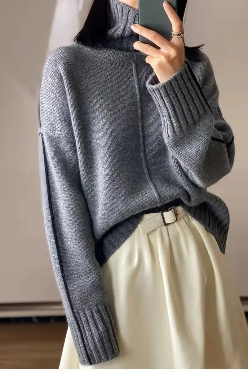 여성용 순수 캐시미어 터틀넥 스웨터 루즈핏 두꺼운 바닥 풀오버 컬러 매치 가을, 겨울을위한 유럽 스타일