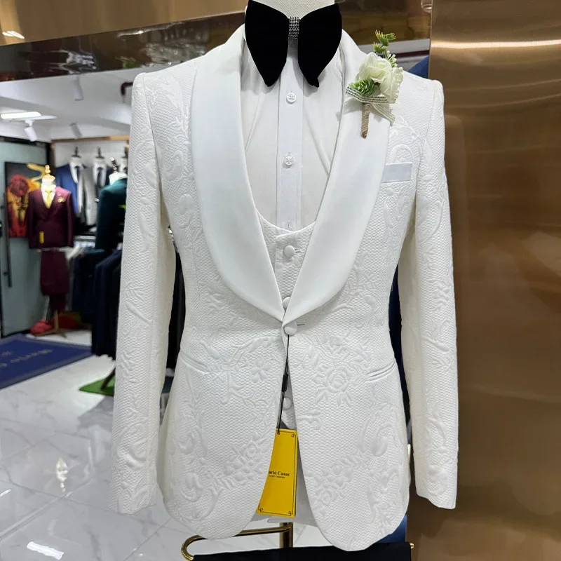 Thorndike Mens Wedding Suits White Jacquard Black Satin Collar Tuxedo 3 Pcs Groom Terno Suits for Men Jacket+Vest+Pants