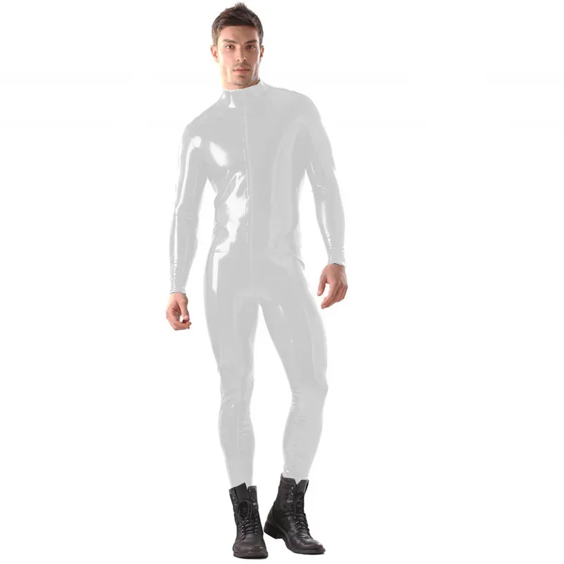 Plus Size S-6XL Men Wetlook PVC Bodycon Jumpsuit Front Zipper Zentai Long Sleeve Cosplay Catsuit Halloween Performance Costume
