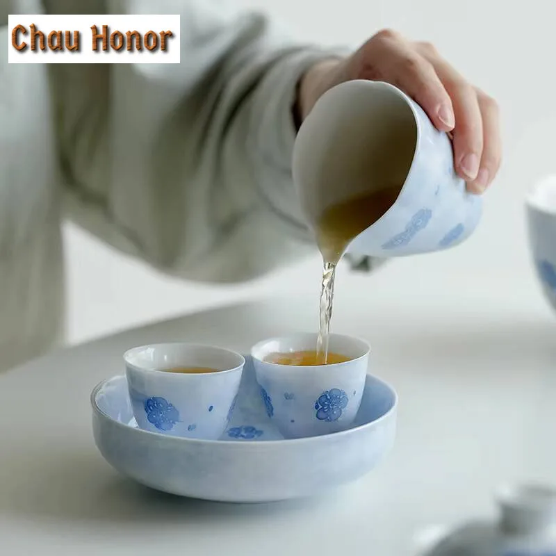 Pure Hand-painted Fog Blue Cherry Blossom Pot Bearing Ceramic Household Dry Brewing Small Tea Tray Cover Bowl Tray Fruit Plates