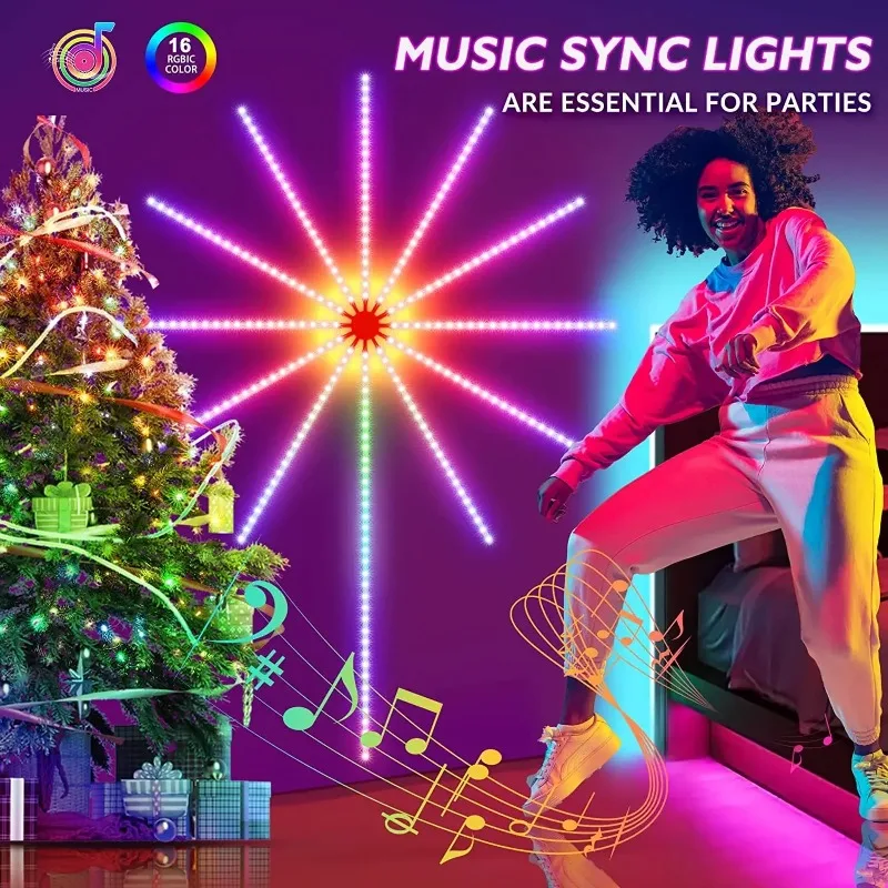 Firework Lights LED Strip App Control Fairy Light Bluetooth Smart RGB Color Firework Lights with Music Sync LED Fireworks Lights