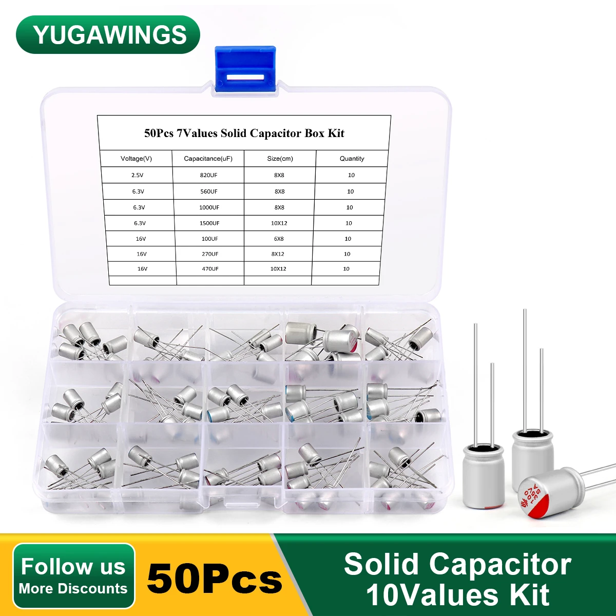 50Pcs/Lot Yugawings Solid Capacitor Kit 10Values Assorted Storage Box Kit For Graphics Card 2.5V 6.3V 16V 100UF 270UF 470UF 10values 10pcs 100pcs hc 49smd crystal oscillator assorted kit 4m 6m 8m 10m 11 0592m 12m 16m 20m 24m 48m set