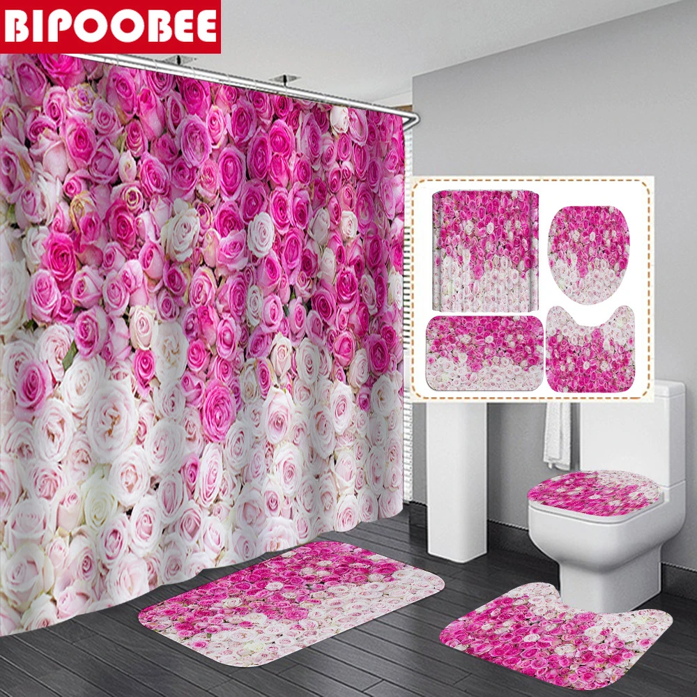 Juego de cortina de ducha para el Set de cortinas de color rosa alfombrillas de baño, decoración del Día de San Valentín, Pedestal de inodoro, alfombra antideslizante| | - AliExpress