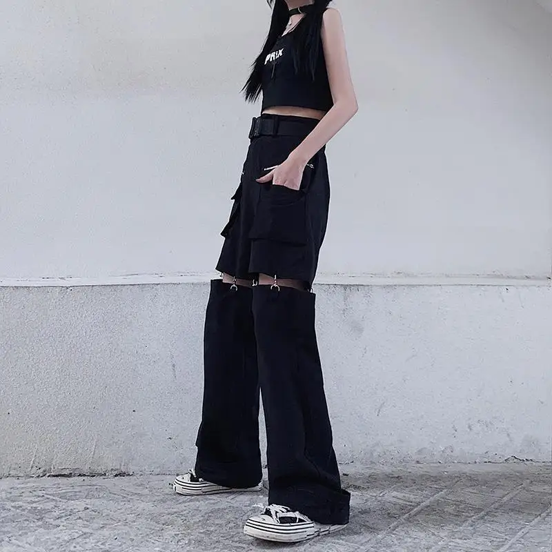 New 2025 Streetwear Black Pants for Women Fashion High Waist Detachable Streetweart Cargo Pants Woman