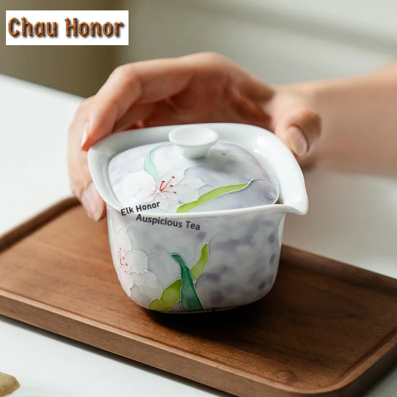 Misty Purple Pure Hand-painted Lily Tea Set Complete Set Zen Tea Ceremony Set Teapot and Tea Cup Set Teaware Accessories Craft