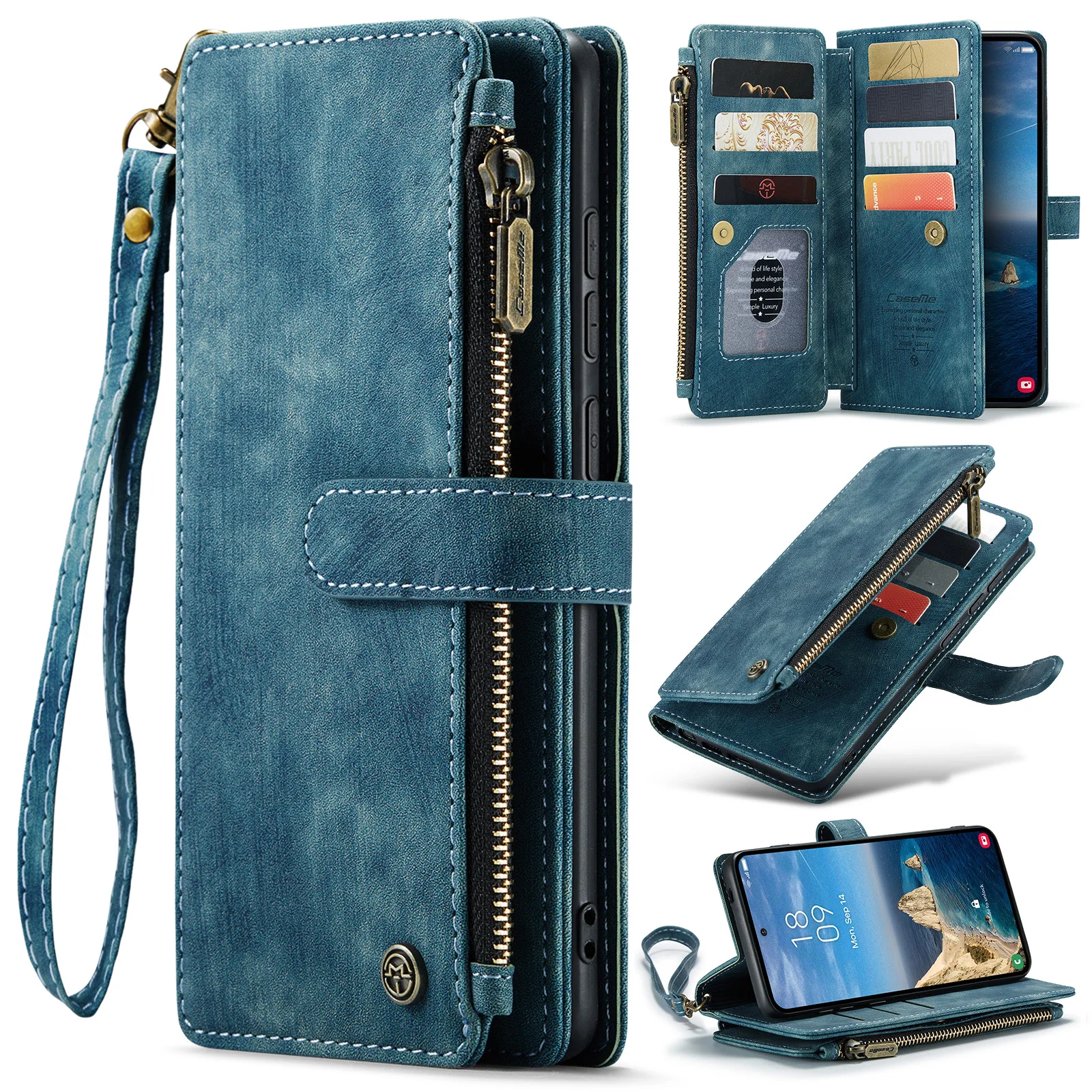 Zipper Flip Wallet Leather Phone Case with Lanyard and Wireless Charging Capability