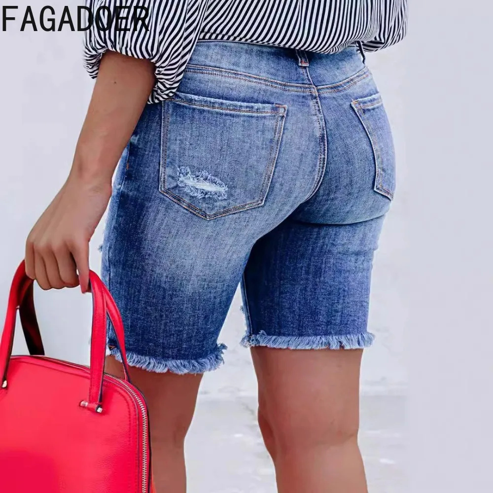 FAGADOER Fashion Streetwear Women High Waisted Button Pocket Hole Denim Skinny Shorts Casual Female Cowboy Biker Shorts Bottoms