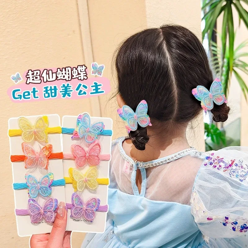 Children's Hair Rope Cute Sweet Sequined Butterfly High Elasticity Towel Ring Candy Color Hair Band Hair Accessories