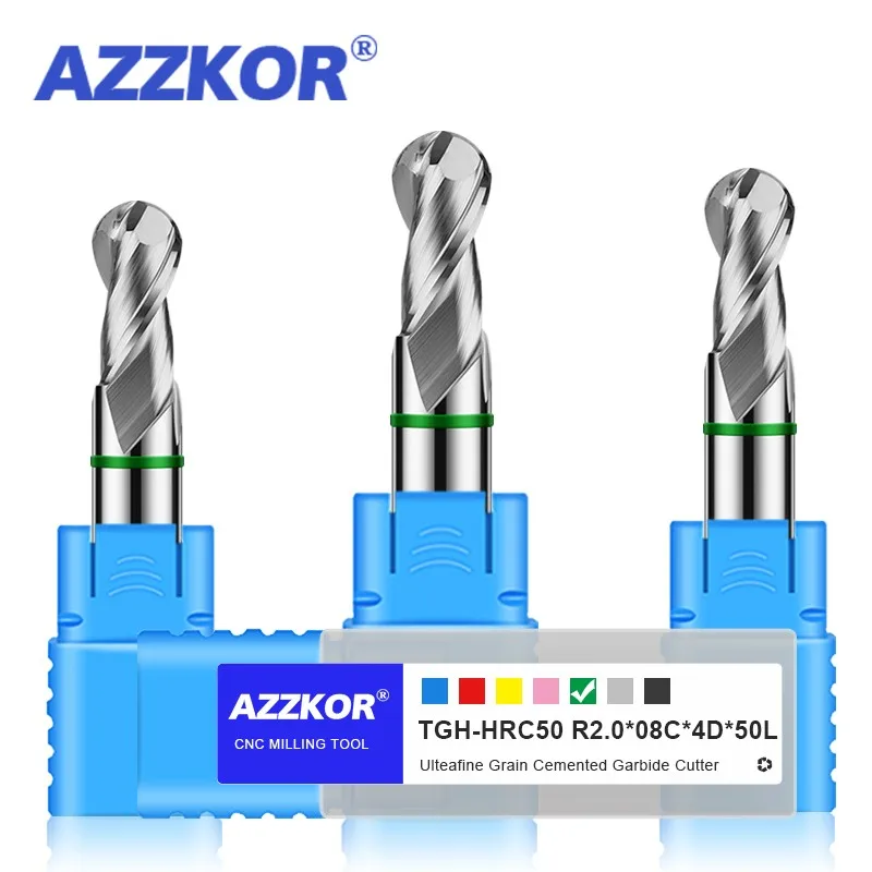 AZZKOR 텅스텐강 카바이드 알루미늄 밀링 커터, 2F 컬러 링 코팅, CNC 기계식 볼 엔드 엔드밀 도구 TGH-HRC50