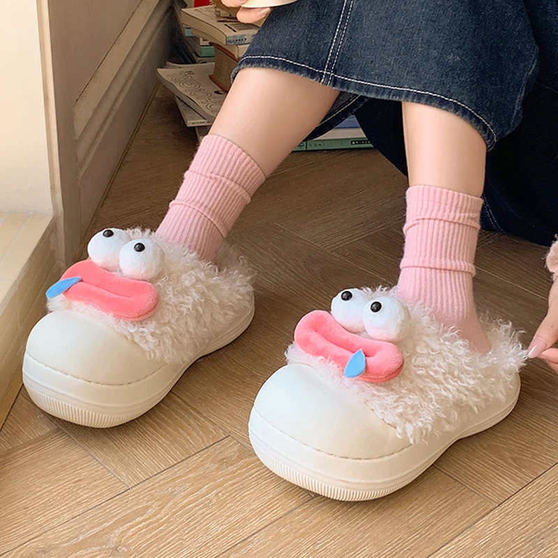 2025 New Funny Cartoon Plush Slippers Women Thick Sole Non Slip Home Cotton Slippers Woman Cute Indoor Warm Fluffy Slides Shoes
