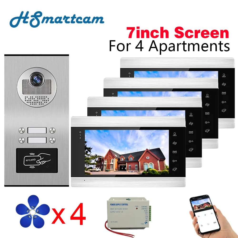 

New Tuya Wifi 7 Inch Screen Video Intercom for 2/3/4/6 Unit Apartments with with RFID Card / APP Unlock Doorbell Camera Systerm