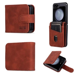Leather Flip Wallet Case with Kickstand and Card Pockets - Anti - Fall Protection Phone Cover - Galaxy Z Flip5 (Brown)