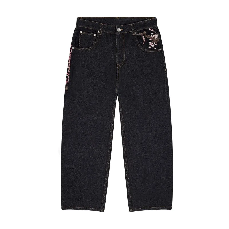 Y2K Harajuku jeans Goth vintage plum blossom embroidery pattern wide leg pants men women denim fabric American style street wear 2