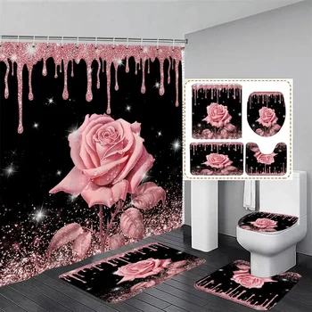 Pink Glitter Rose Shower Curtain and Rug Bathroom Set Floral Pink Glitter Shower Curtains Bath Mat Bathroom Decor with Hooks 1