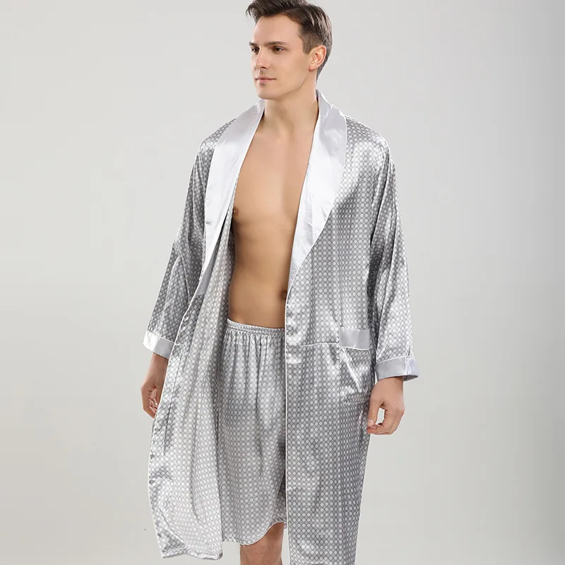 

Men 2PCS Robe&Shorts Set Satin Kimono Bathrobe Sleepwear Spring Summer New Print Nightwear Homewear Loose Casual Lounge Wear