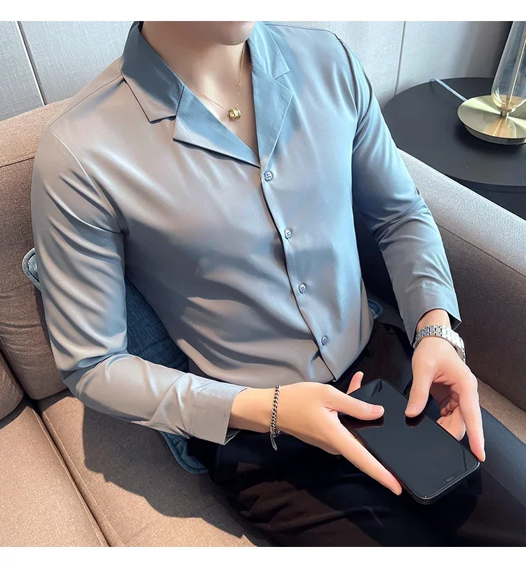 Description Picture 3 of item2022 Fashion Men Shirts Long Sleeve Casual Slim Fit Dress Shirts V-neck Streetwear Formal Social NightClub Party Tuxedo Clothing