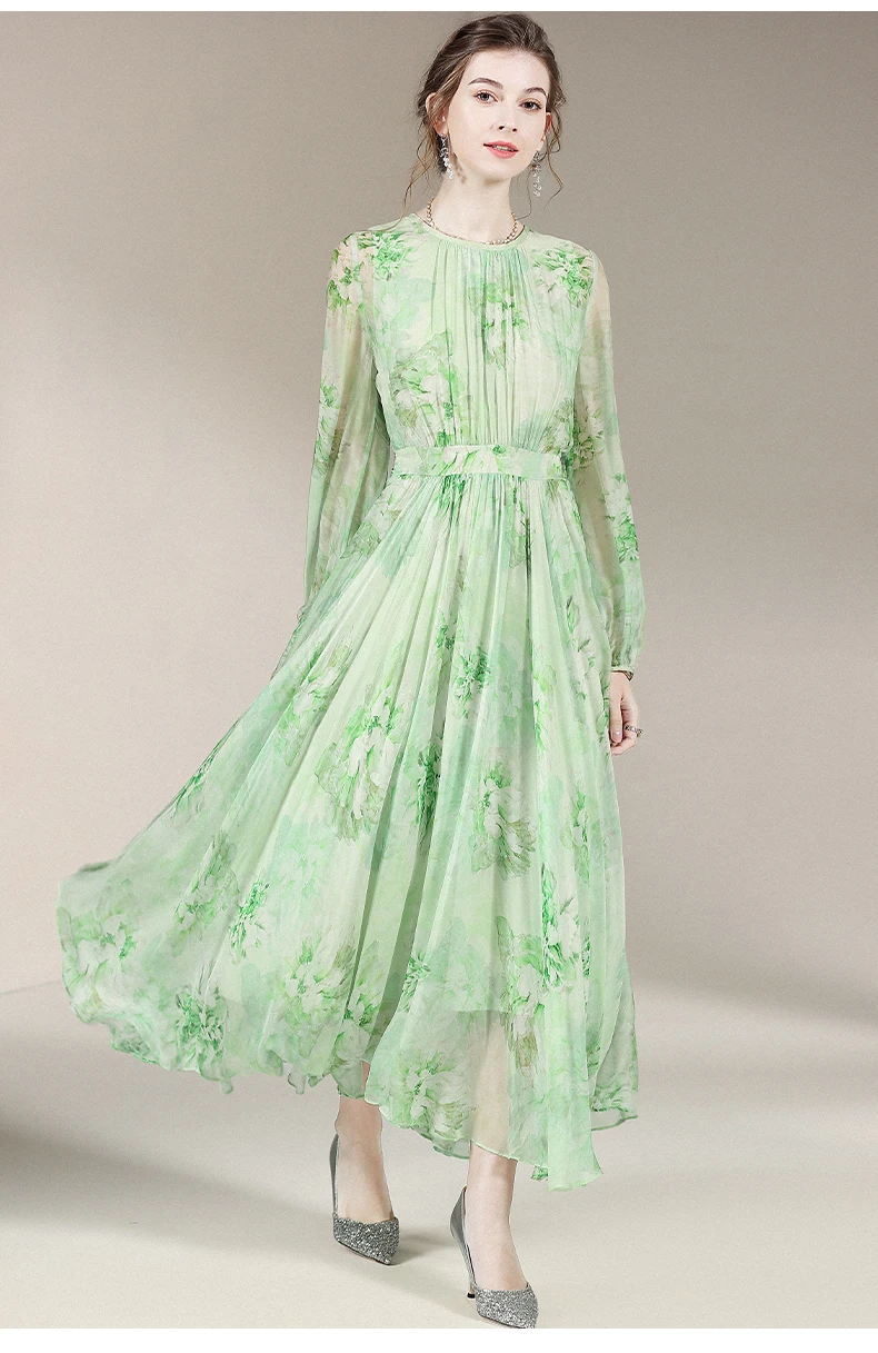 AIMEILILightGreenDressesChiffonPrintElegantDressWomen2023