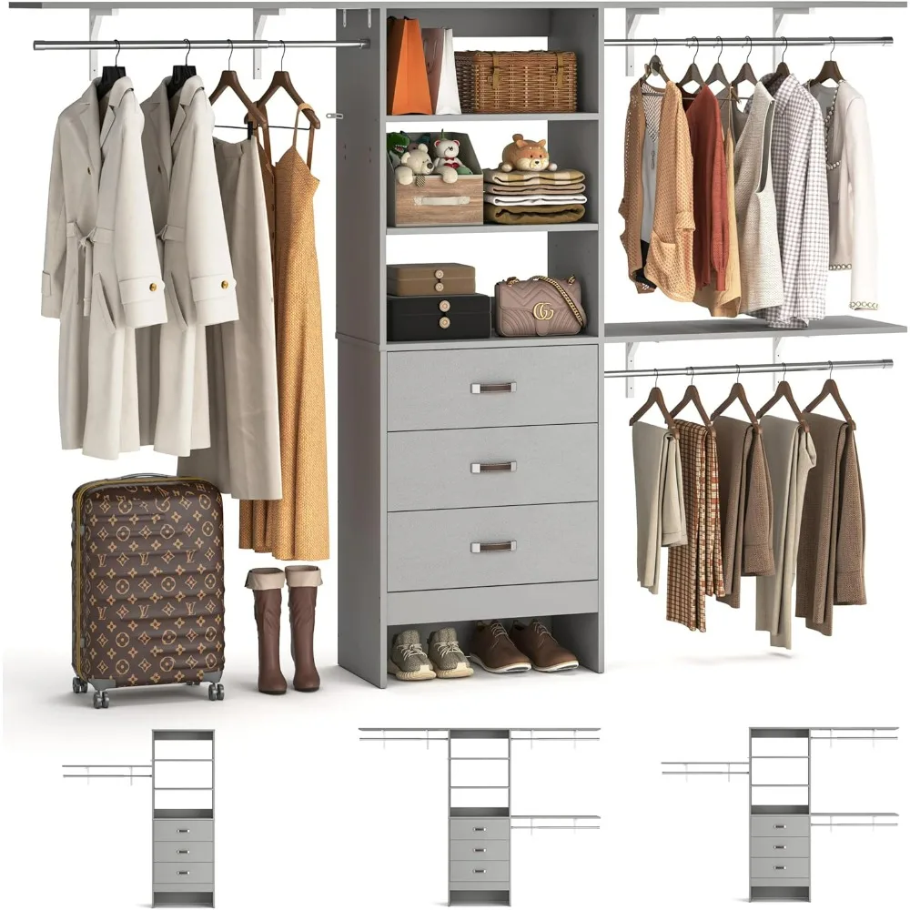 

8FT Closet System, 96'' Closet Organizer System with 3 Hanging Rods, Wall Mount Bedroom Wardrobe