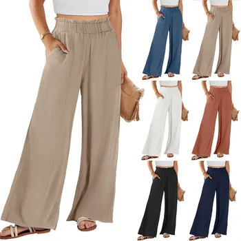 Women's Cotton Linen Pants Summer Wide Leg Casual Loose Drawstring High Waist Palazzo Pants Trousers With Pockets Women’s Pants