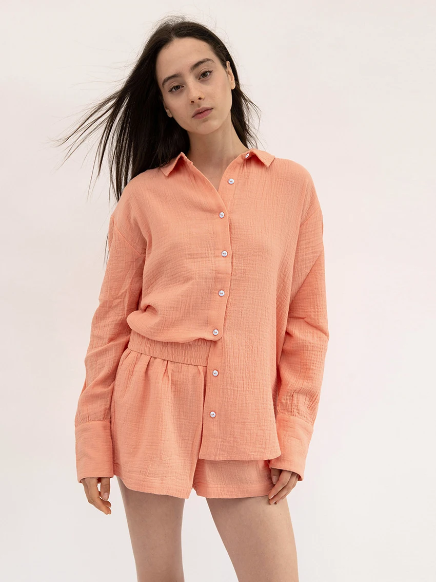 

Женская хлопковая ночная рубашка Marthaqiqi, комплект из 2 предметов, ночная рубашка с длинным рукавом и отложным воротником, шорты, повседневная женская одежда