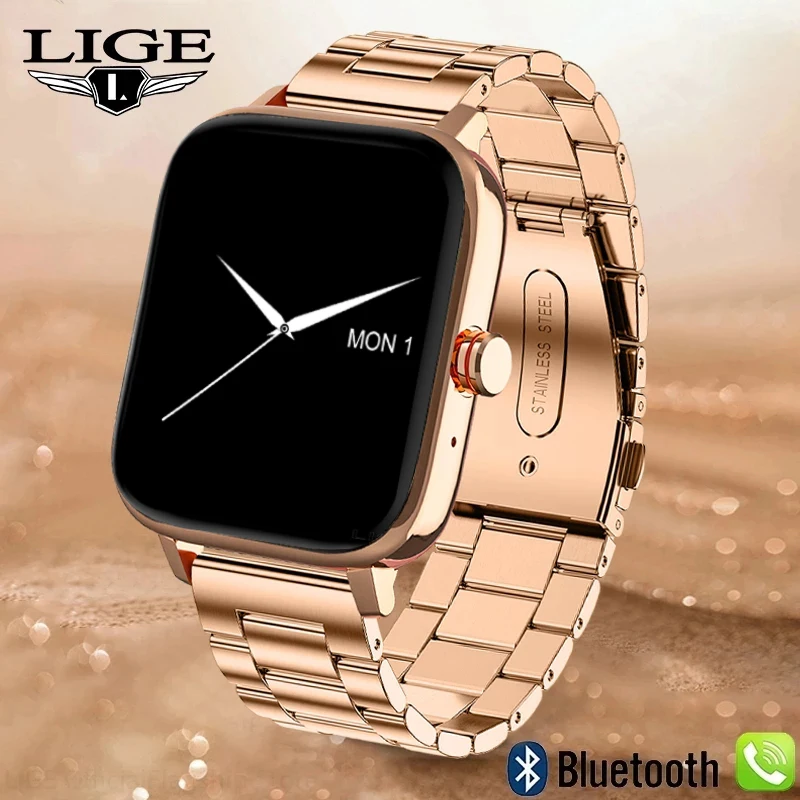 LIGE Smartwatch Bluetooth Answer Call for Android IOS Fitness Tracker IP67  Waterproof Smart Watch for Women Golden 
