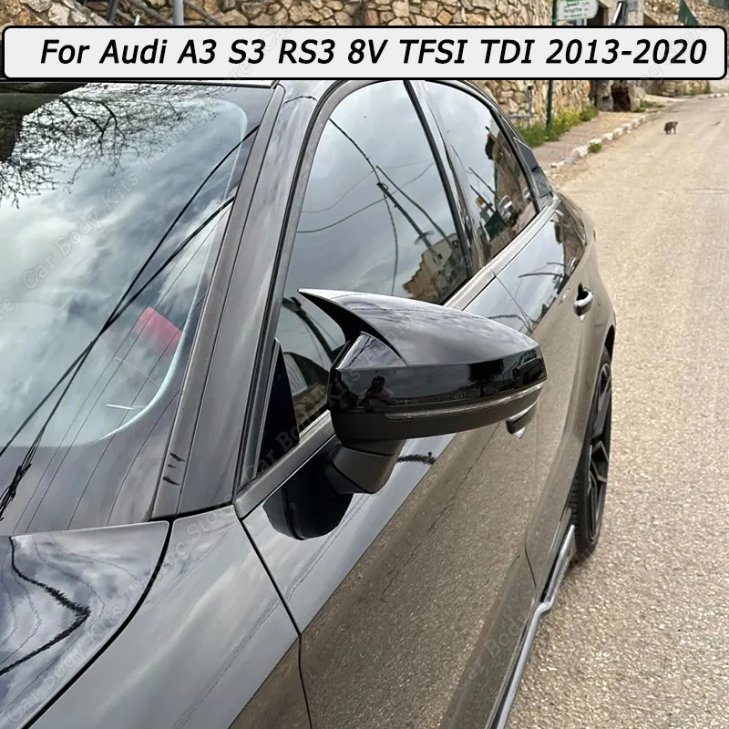 2 Pezzi Gloss Black/Carbon Look Mirror Covers Caps Specchietto Retrovisore Cover Body Kit Tuning Per Audi A3 S3 Rs3 8V Tfsi Tdi 2013-2020