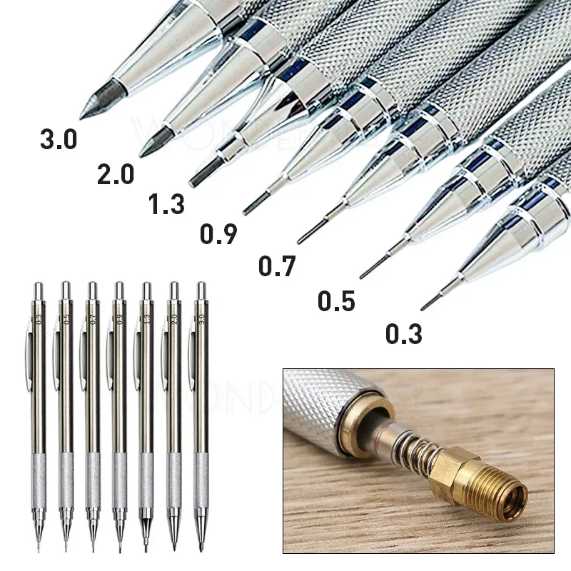 Mechanical Pencils 0.3 0.5 0.7 0.9 1.3 2.0 3.0mm Full Metal Mechanical Pencil Sketch Art Drawing Painting Propelling Pencil Office School Supply