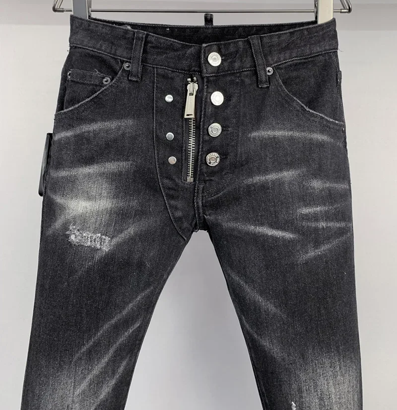 fashion BRAND D2 Men Jeans Denim Pants Hole Slim Pencil Trousers Metal Buttons Party Classics Fashionable Black D2 JENAS 9932 3