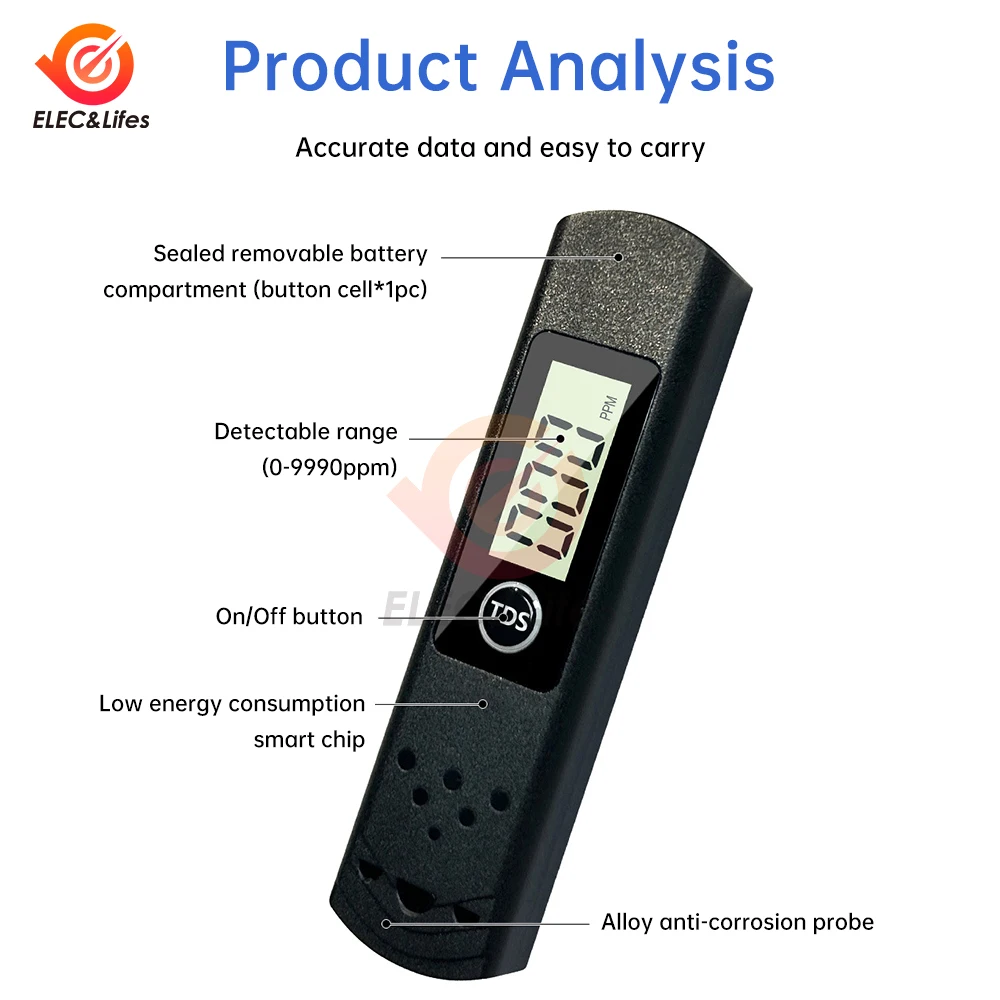 TDS-H8 TDS Meter 0-9990ppm Digital High Precision Pen Water Quality Analyzer Monitor Tester TDS Meter PPM Tester Aquarium Filter