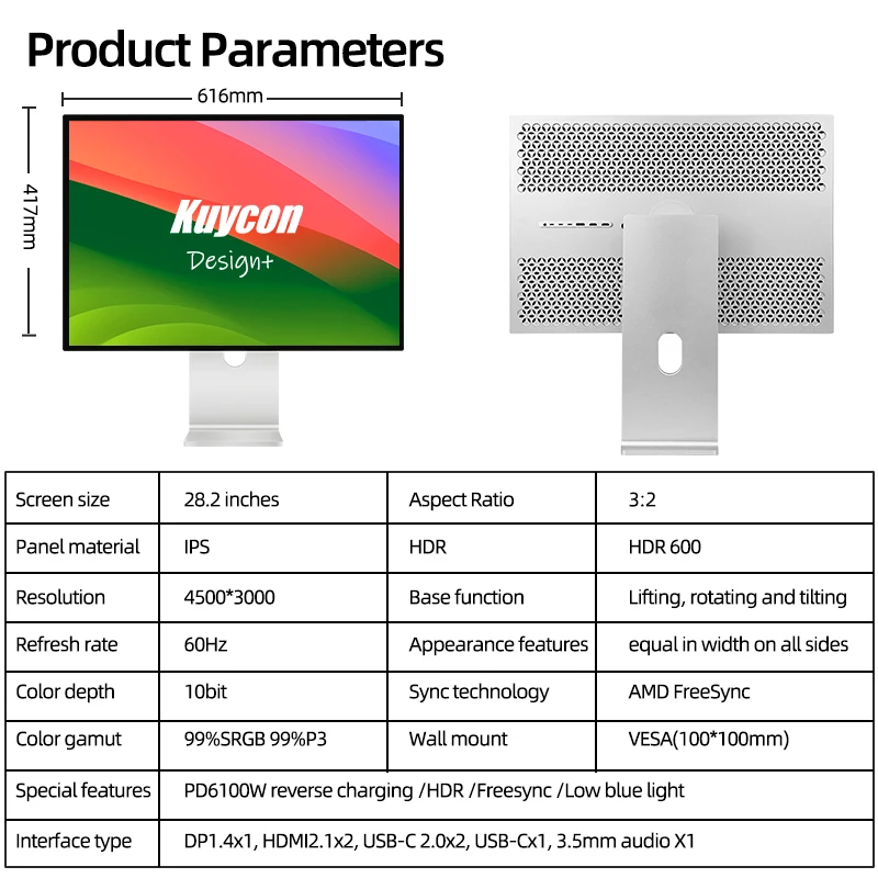 Kuycon P20 28.2 인치 4500*3000 디스플레이 스크린 모니터 디자이너 브래킷 없는 고화질 IPS 미러 표면 스크린 모니터