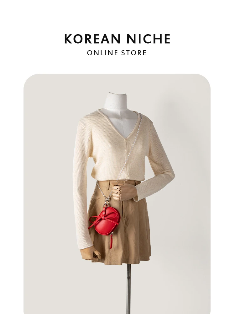 Cute Bow Mini Wallet For Women Chic Versatile Pearl Chain Shoulder Crossbody Bags 2024 New Solid Zippered Girl Daily Coin Purse