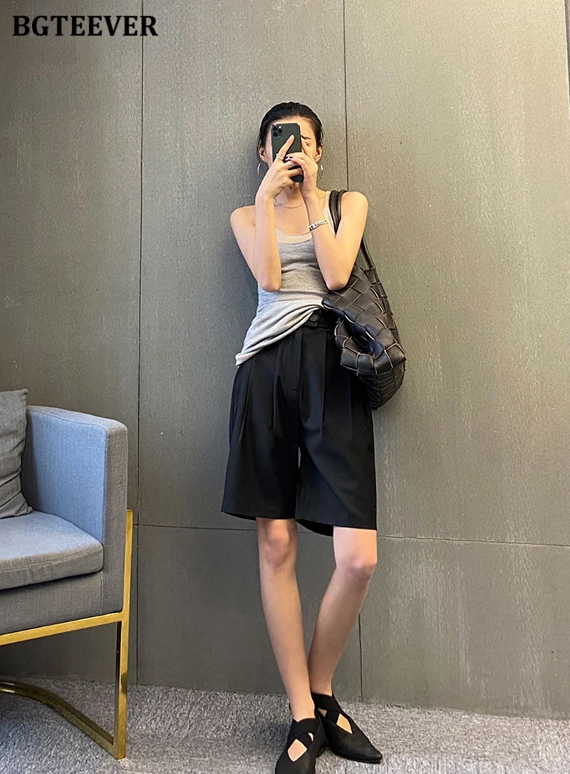 BGTEEVER Casual High Waist Double Button Solid Straight Shorts Women Spring Summer Fashion Ladies Wide Leg Suits Shorts