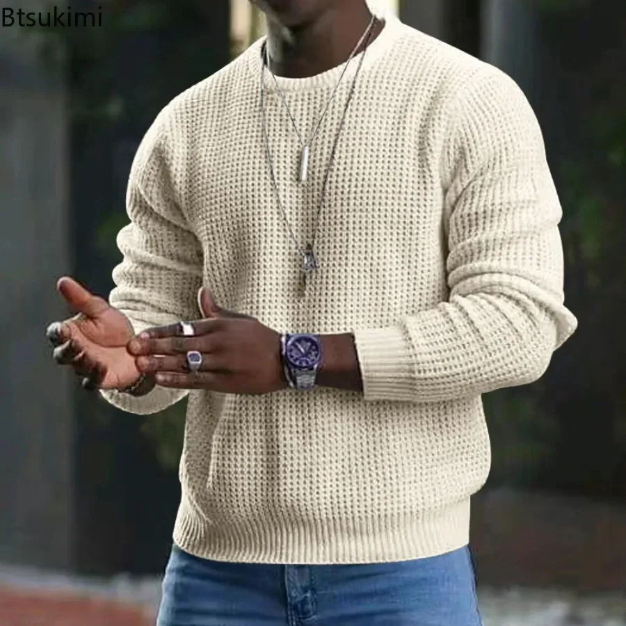 New 2025 Men's Waffle Knitted Sweaters Solid Loose Casual O-neck Pullover Tops Spring Autumn Long Sleeve Sweatshirt Male Sweater