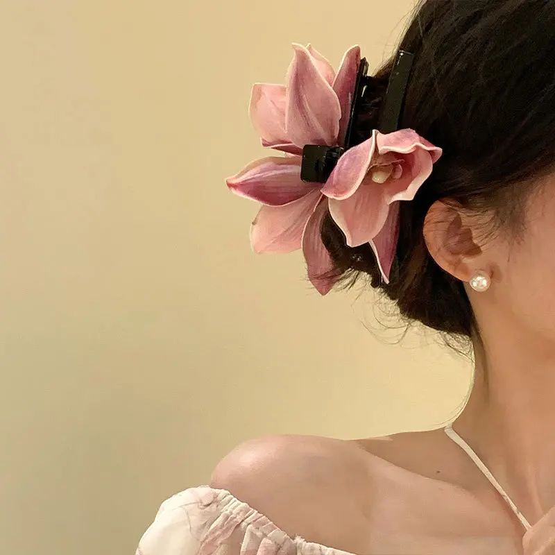 thumbnail image 2 of TseenYi Red Orchid Hair Clip – Large Fabric Floral Hairpin With Pearls, Bridal Wedding Headpiece, Boho Statement Clip 2 of 14
