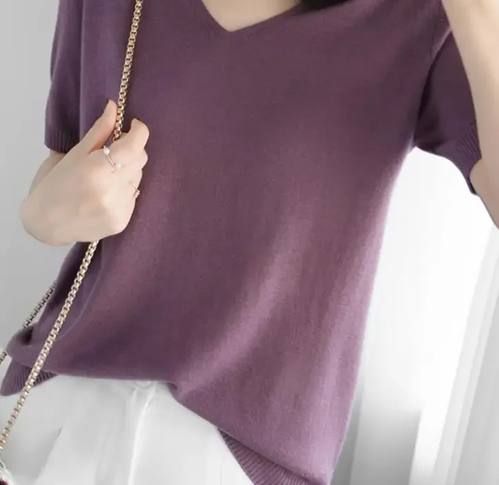 

Knitted Short Sleeve Top Women's Solid V-Neck T-shirt