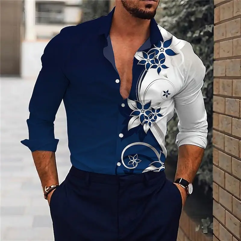 Men's shirt floral pattern cuffed white navy blue gold gray outdoor street long sleeve shirt sports fashion clothing design