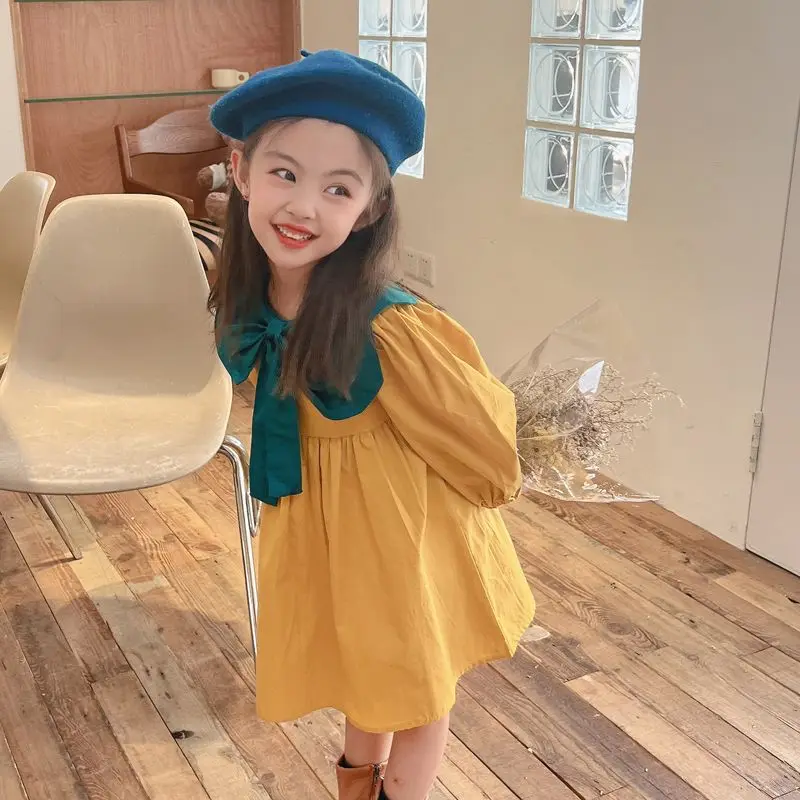 

Kids Autumn Dresses for Girls Korean Style Cute Girls Clothes Long Sleeve Turn-down Collar Party Princess Dresses