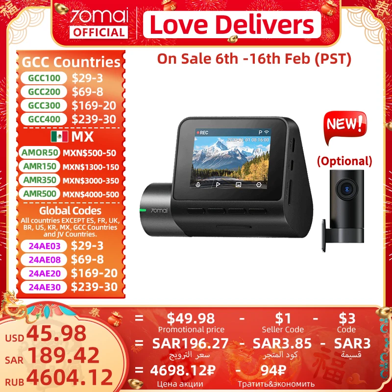 Global 70Mai Dash Cam A200 Dual-Channel Record 1080P Hdr 2 ''Schermo Ips 24H Monitor Di Parcheggio 70Mai Car Dvr A200 Wifi App 130 ° Fov