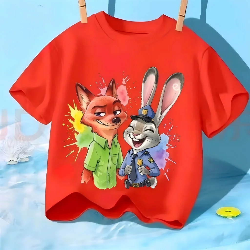 Zootopia 닉과 주디 여름 프린트가 있는 어린이용 반팔 티셔츠, 야외 스포츠용 루즈핏 티셔츠