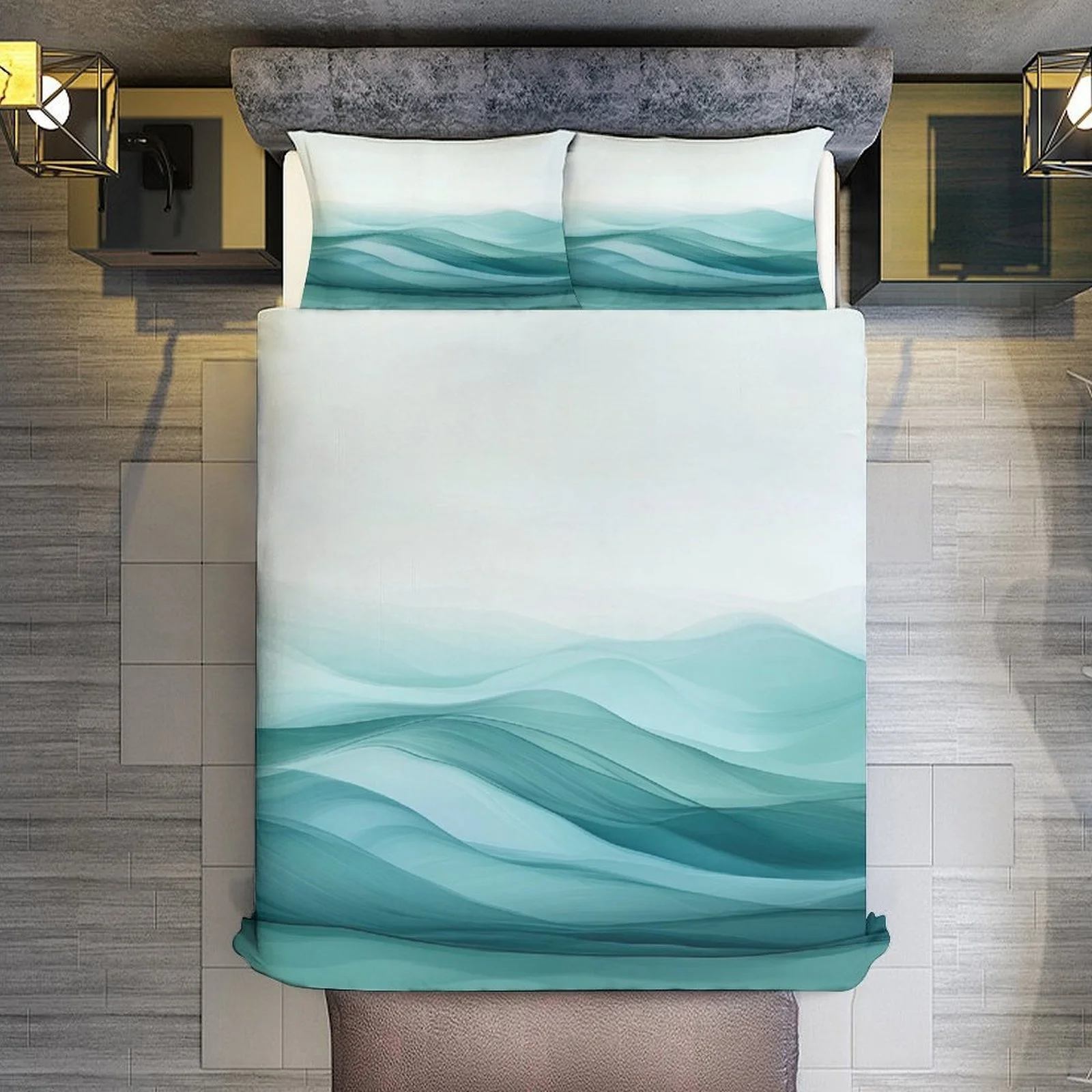 3Pcs Waves in Teal Themed Duvet Cover Set, Novelty Fashion Lightweight Soft Bedding with Zipper, All Seasons Home Dorm Decor