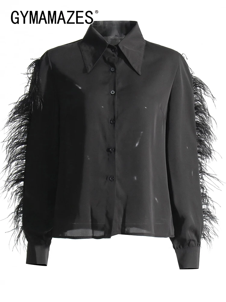 

GYMAMAZES Solid Spliced Feathers Shirt For Women Lapel Long Sleeve Patchwork Single Breasted Vintage Blouse Female Fashion Style