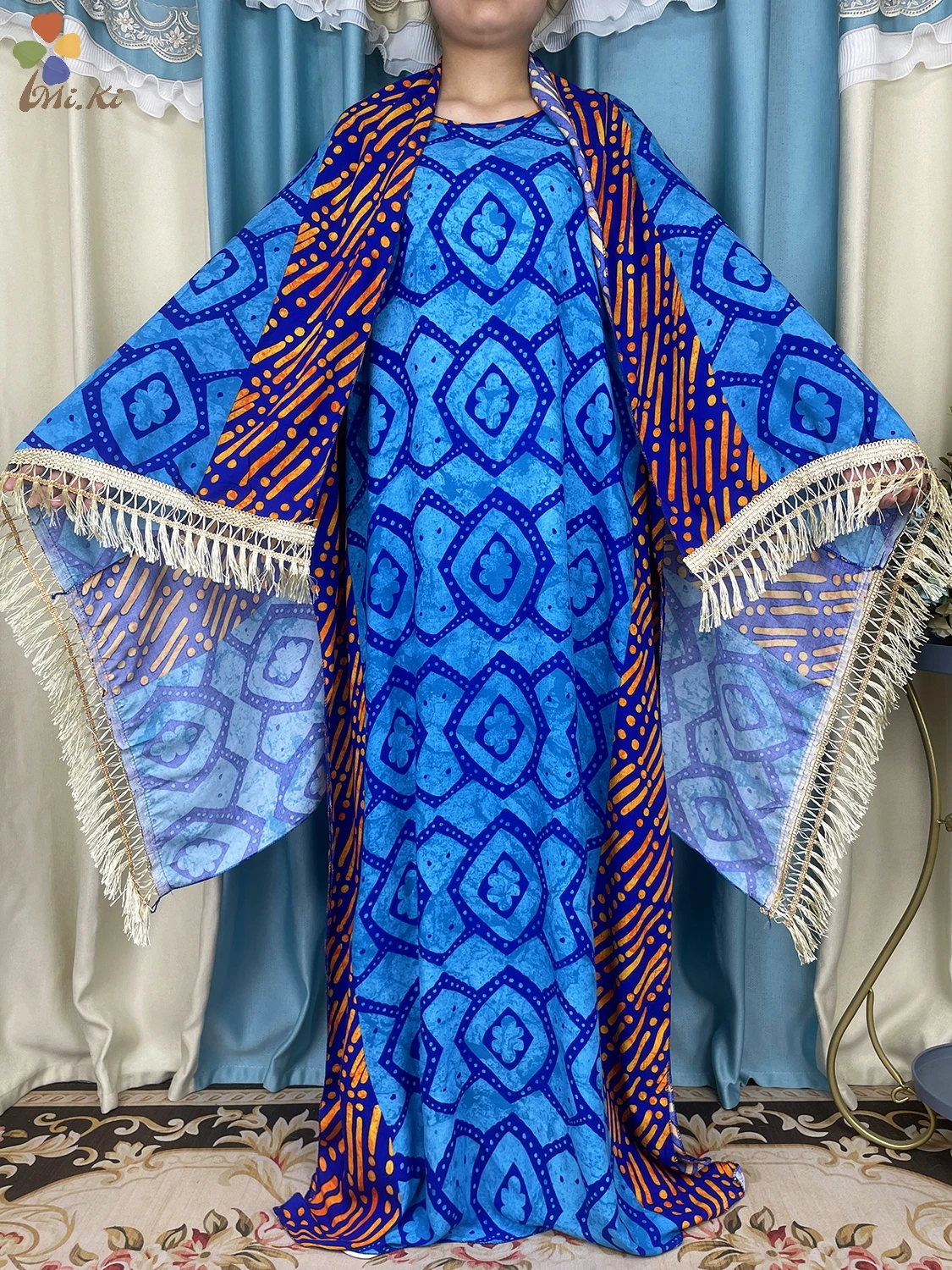 2024 Muslim Short Sleeve Dress African Women Dress Cotton Loose Fit Dress with Tassel Scarf Dubai Maxi Dress Islamic Clothing