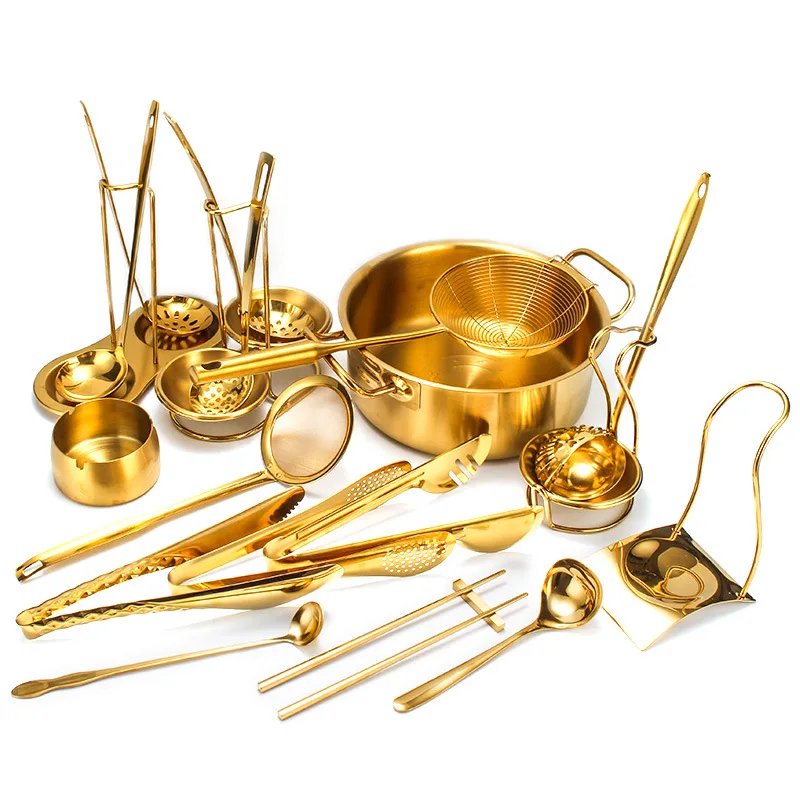 Gold Stainless Steel Food Clip Soup Spoon Colander Cooking Spoon With Storage Stand Seasoning Kitchen Utensils kitchen utensils