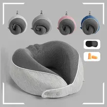 Almohada de viaje de espuma viscoelástica para el cuello, cómoda funda transpirable, lavable a máquina, Kit de viaje para avión con máscara para dormir 3D, tapones para los oídos