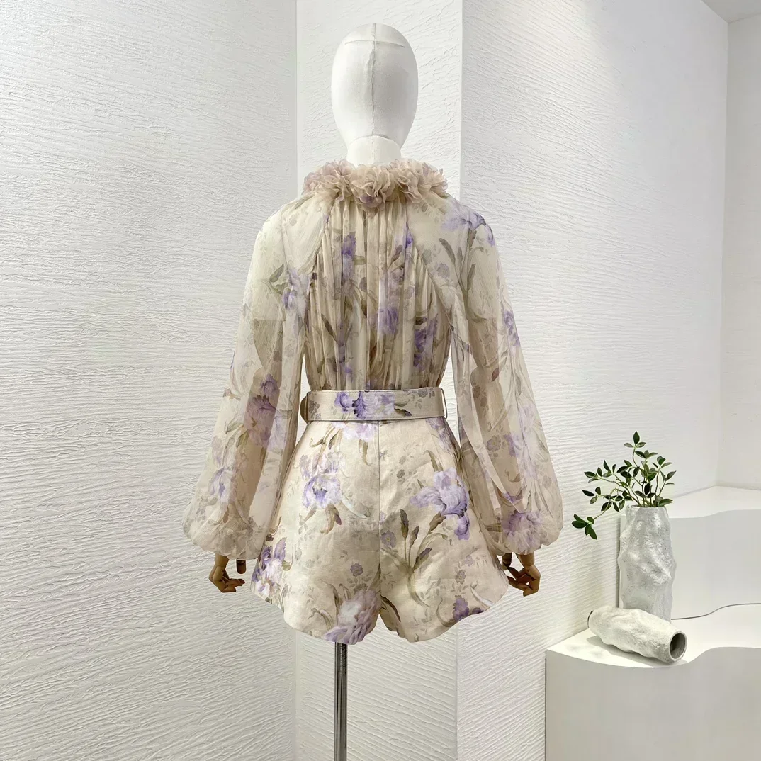 Appliques 2024 Women New Collection High Quality Floral Print Lantern Sleeve Pure Silk Blouse and Belted Linen Shorts Sets 2