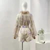Appliques 2024 Women New Collection High Quality Floral Print Lantern Sleeve Pure Silk Blouse and Belted Linen Shorts Sets 2